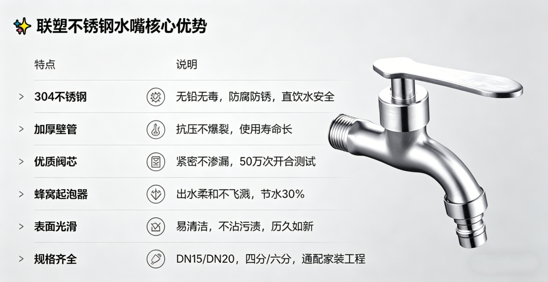 水暖卫浴五金配件优选，联塑多款不锈钢水嘴适配家装工程场景